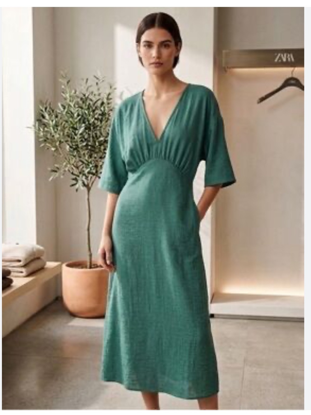 Zara Green V-Neck Draped Midi Dress